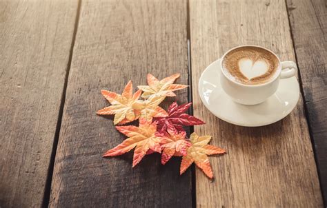 Wallpaper Autumn Leaves Love Heart Coffee Cup Love Heart Wood