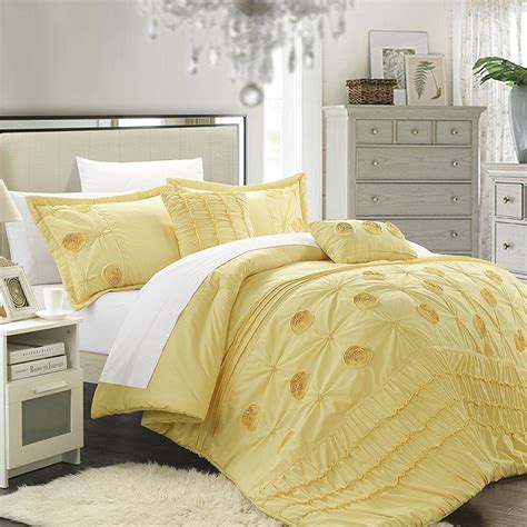 Chic Home Florentina 5 Piece Floral Pleated Comforter Set Queen Yellow Yellow Bedding