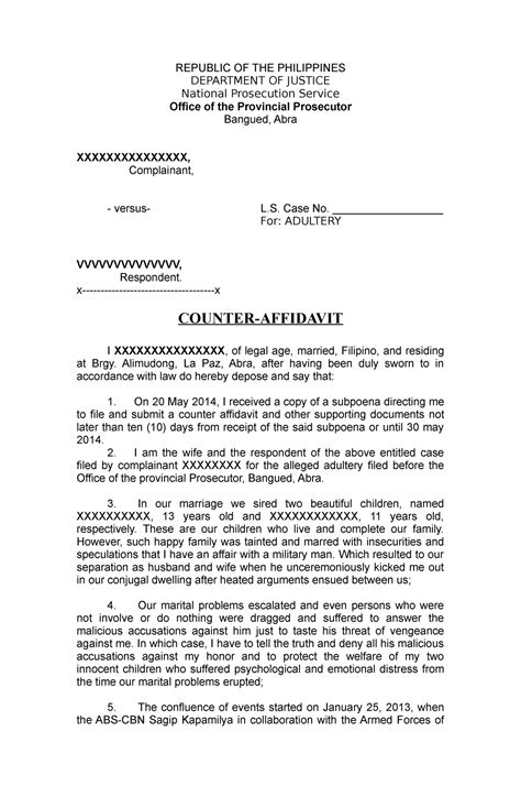 Counter Affidavit Sample Republic Of The Philippines Department Of