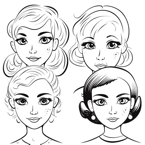 Four Different Female Faces Drawn Cartoon Style Vector Illustration