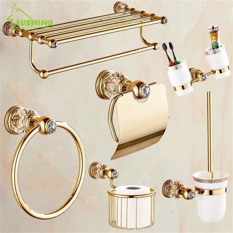 Solid Brass Crystal Bathroom Accessories Set Polish Finish Gold
