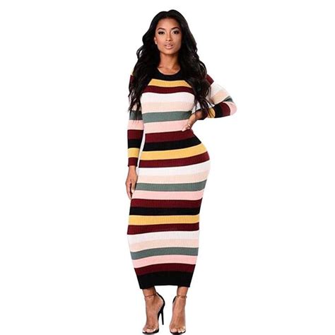 Striped Ribbed Knitted Long Sleeve Bodycon Maxi Sweater Dresses