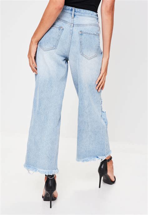 Lyst Missguided Blue High Rise Ripped Wide Leg Jeans In Blue