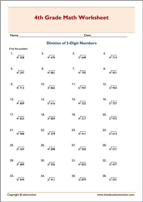 3 Digit Division Worksheets For Grade 4