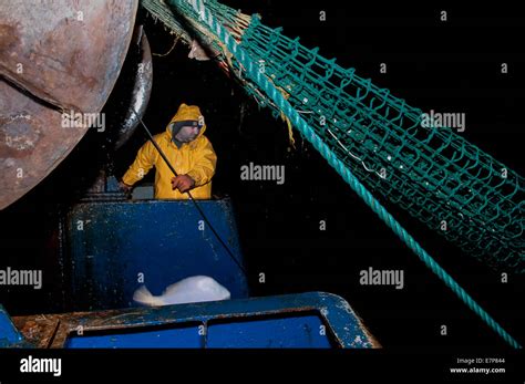 Fisherman Works Winch For The Dragger Net On Fishing Trawler