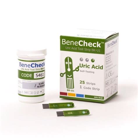 Benecheck meter, 10 glucose strips, 5 cholesterol strips, 10 uric strips, and lancets. Uric Acid Self Testing Strips Rossmax BeneCheck
