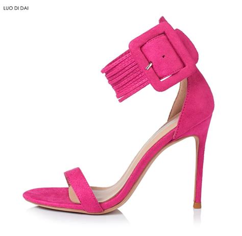 2020 Women Hot Pink Party Shoes Buckle Sandals Wedding Shoes Ankle