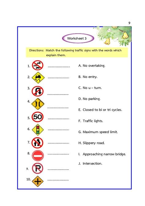 9 Worksheet 3 Directions Match The Following Traffic Signs With The