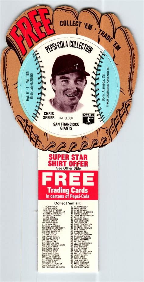 Pepsi Cola Baseball Trading Card 1977 Chris Speier San Francisco Giants