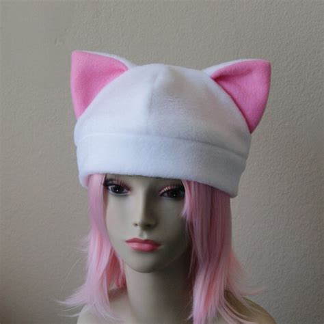 Made To Order Fleece Cat Hat White Bubblegum Pink Beanie Etsy