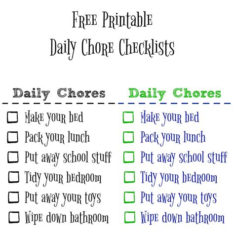 Free Kids Chore Charts Printables