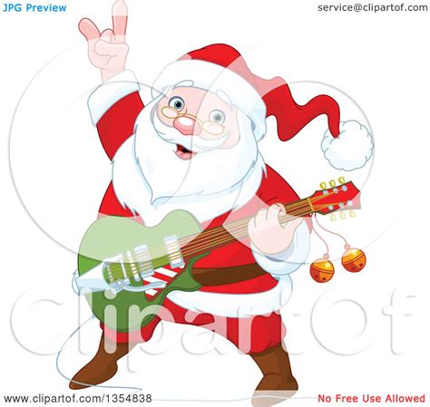Clipart Of A Christmas Santa Claus Playing A Guitar Royalty Free
