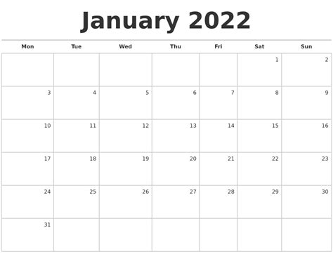 January 2022 Blank Monthly Calendar