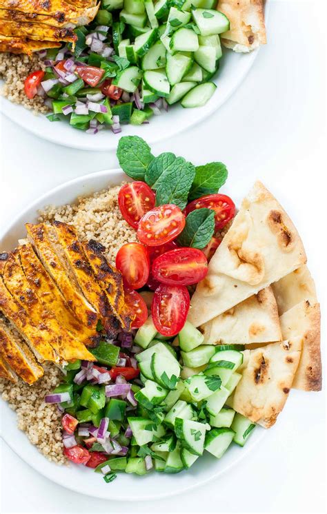 Grease a baking pan, remove the chicken from the marinade and place the chicken thighs and chopped red onion on the pan. Healthy Chicken Shawarma Quinoa Bowls - Peas And Crayons