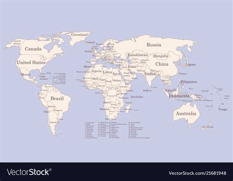 Contour World Map With Countries Names Vintage Vector Image