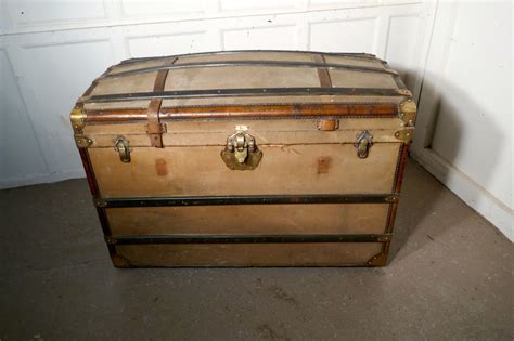 Large 19th Century French Canvas Dome Top Travel Trunk Lion Brand