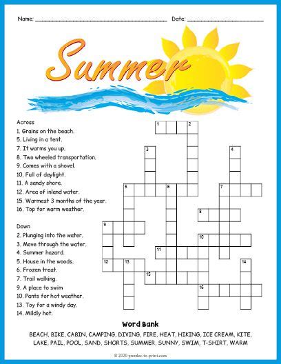 Summer Themed Crossword Puzzles Printable