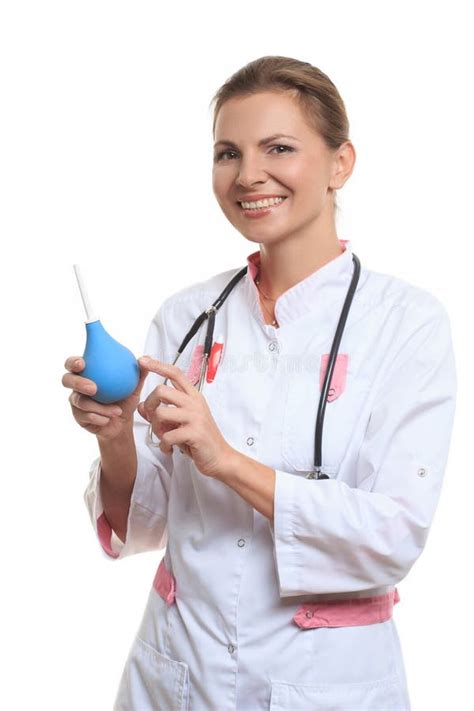Happy Female Doctor Holding Enema Stock Photo Image