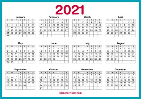 2021 Calendar Printable Free Horizontal Hd Turquoise Blue