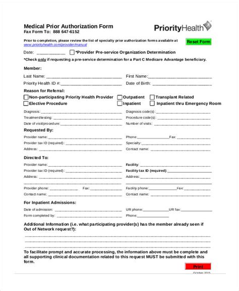 Generic Prior Authorization Form Template