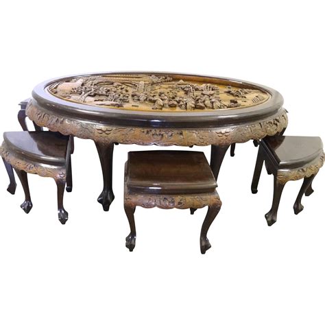 Asian Hand Carved Mahogany Tea Table With 6 Stools By George Zee From