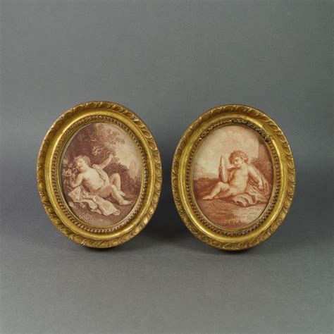 Antique 18th Century Pair Miniature Oval Cherub Sanguine Sepia Stipple
