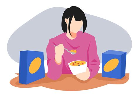 Short Hair Teenage Girl Eating Cereal Cereal Box Concept Of Breakfast