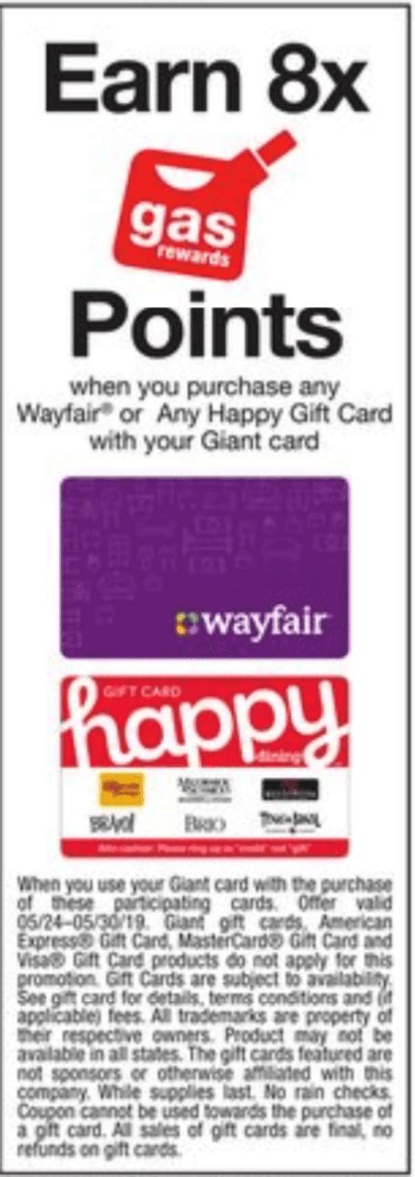Check spelling or type a new query. Giant, Stop&Shop, Martin's: 8x Fuel Points on All Happy Gift Card Varieties and on Wayfair GC [5 ...