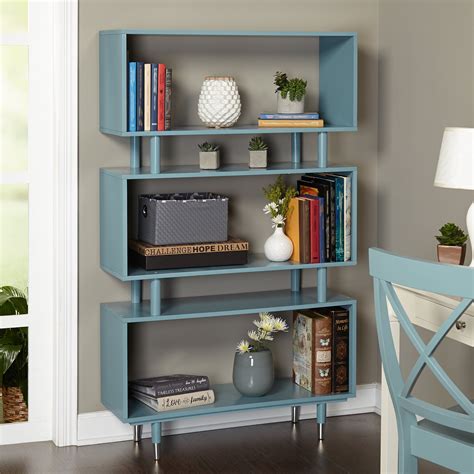 Mid Century Modern Wooden Accent Bookshelf In Blue Finish With 3