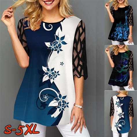 Womens Fashion Loose Round Neck Floral Print Splice T Shirts Casual