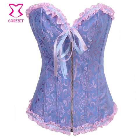 Buy Blue Jacquard Front Zipper Sexy Overbust Corset Gothic Clothing Korse Sexy