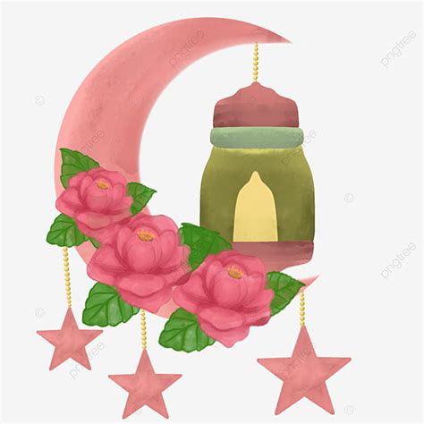 Ramadan Crescent Moon With Rose Illustration Watercolor Effect