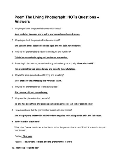 (10) it refers to the photograph. Poem The Living Photograph: Hots Questions + Answers