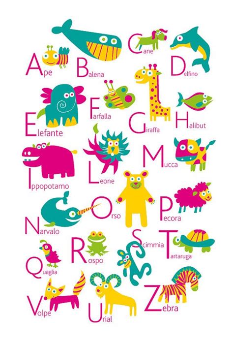 Italian Alphabet Poster With Animals From A To Z Big Poster 13x19