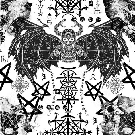 Seamless Pattern With Winged Demon Mysterious Symbols And Devil Skull