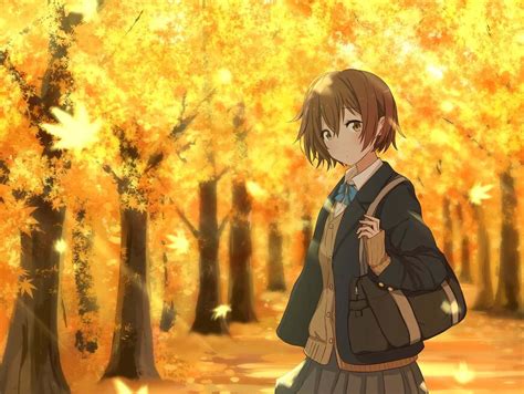 Download Yellow Fall Anime Girl In Forest Wallpaper