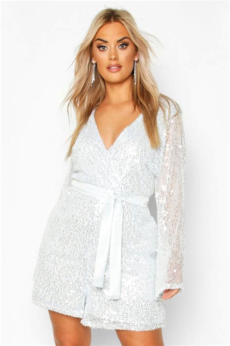 Plus Sequin Wrap Romper White Dress Dresses Sparkle Dress