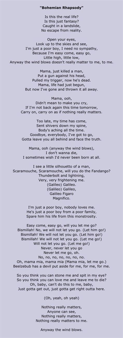 Bohemian Rhapsody Great Song Lyrics Queen Bohemian Rhapsody Lyrics
