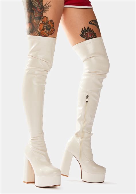 Vinyl Platform Thigh High Boots White Dolls Kill
