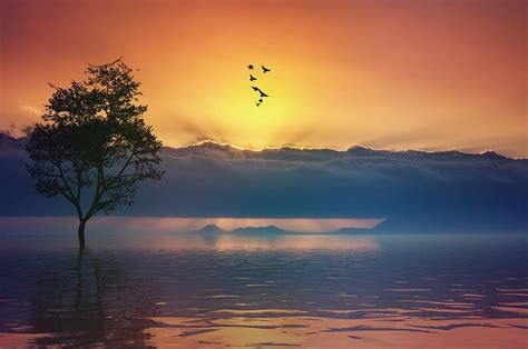 Hd Wallpaper Still Calm Tranquil Sunset Sky Ocean Lake Water