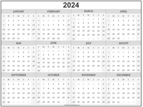 Printable Yearly Calendar 2024 Gambaran