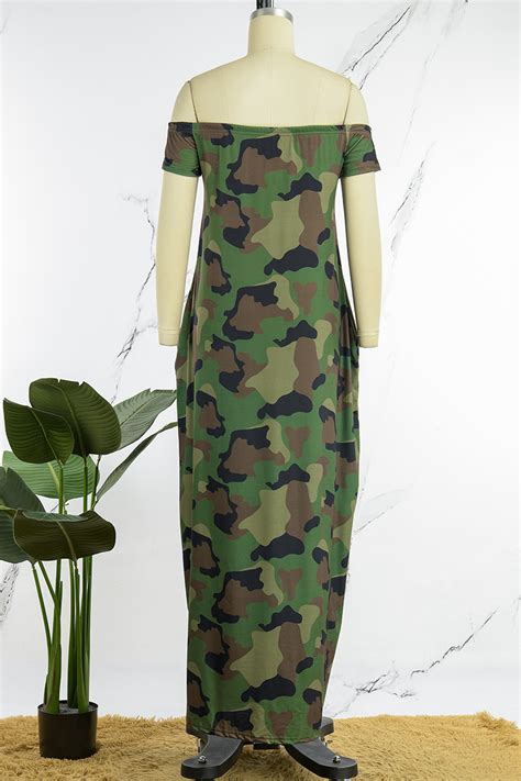Wholesale Army Green Casual Print Patchwork Pocket Off The Shoulder Lantern Dress Dresses K80236