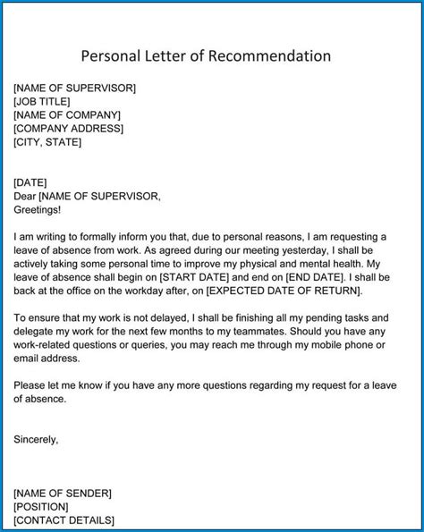 √ Free Printable Personal Letter Of Recommendation