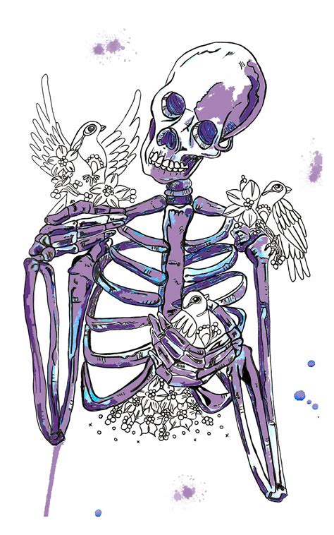 Freedom Purple Skeleton And Dove A5 Art Print And Pin Badge Illustration