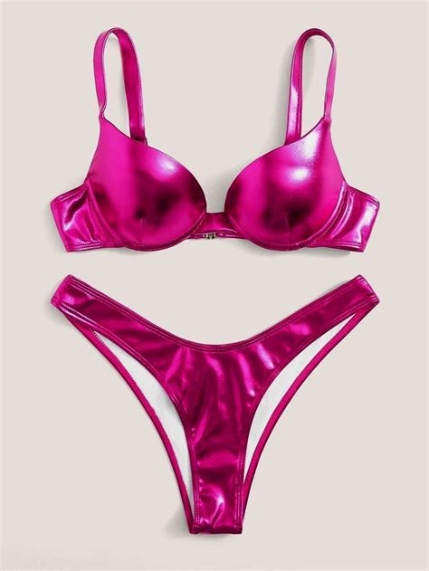 Hot Pink Metallic Cami Top Swimsuit With High Leg Bikini Bottom High