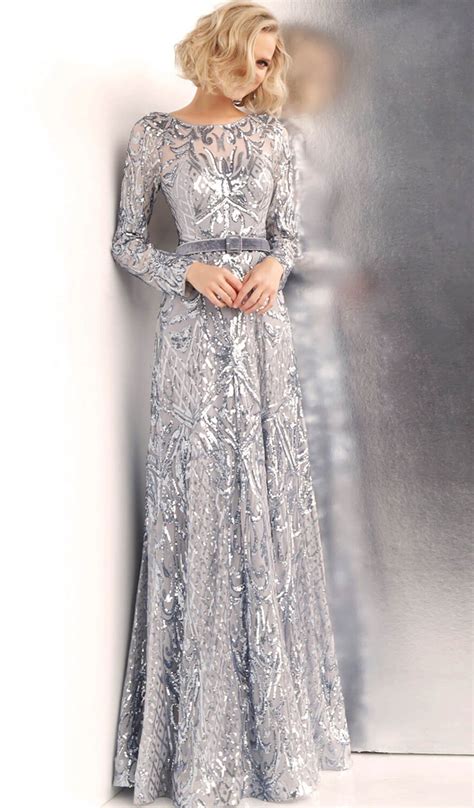 Silver Evening Gowns Glamorous Evening Gowns Long Sleeve Evening