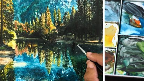 How To Paint Water Reflection Of Trees And Mountain Watercolor Painting