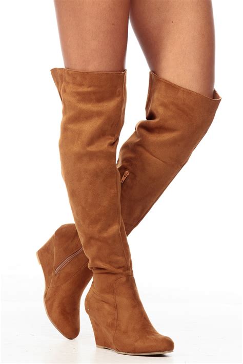 Pull em' up, these booties are as high as your standards babe! Camel Faux Suede Over the Knee Wedge Boots @ Cicihot Boots ...