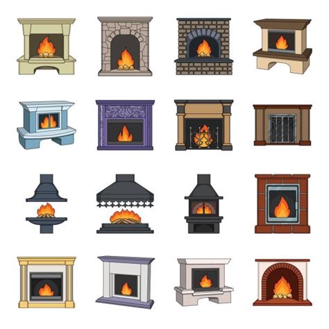 Fire Warmth And Comfort Fireplace Set Collection Icons In Cartoon