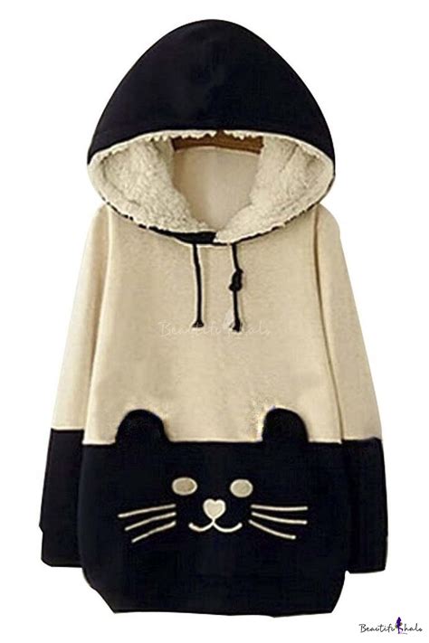 Woman Girls Kawaii Cat Face Tail Hoodie With Cute Hat Fleece Sweater